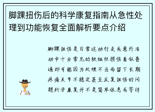 脚踝扭伤后的科学康复指南从急性处理到功能恢复全面解析要点介绍